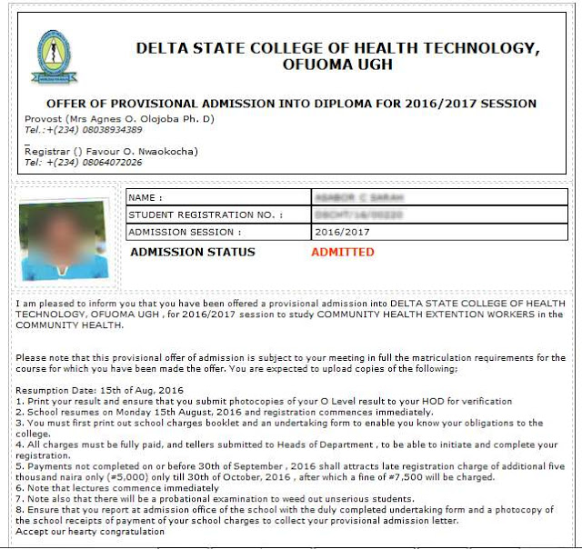 School of Health Technology Ofuoma  Admission Letter