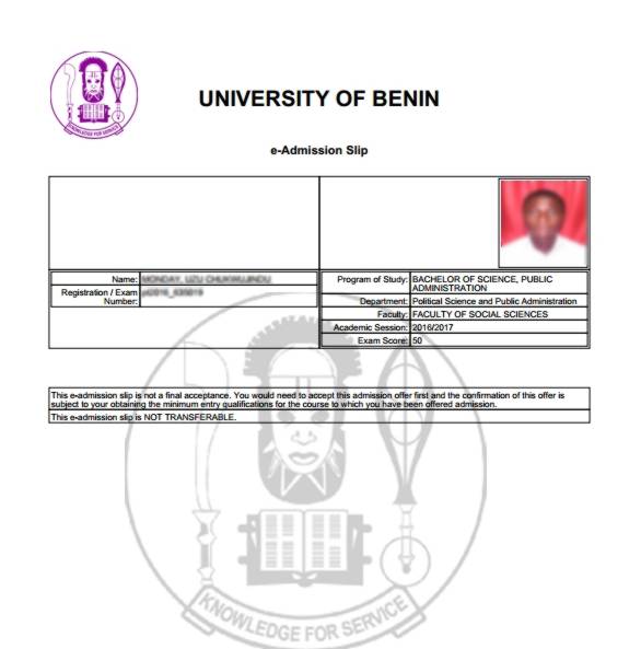 Uniben Admission Slip- Part-time