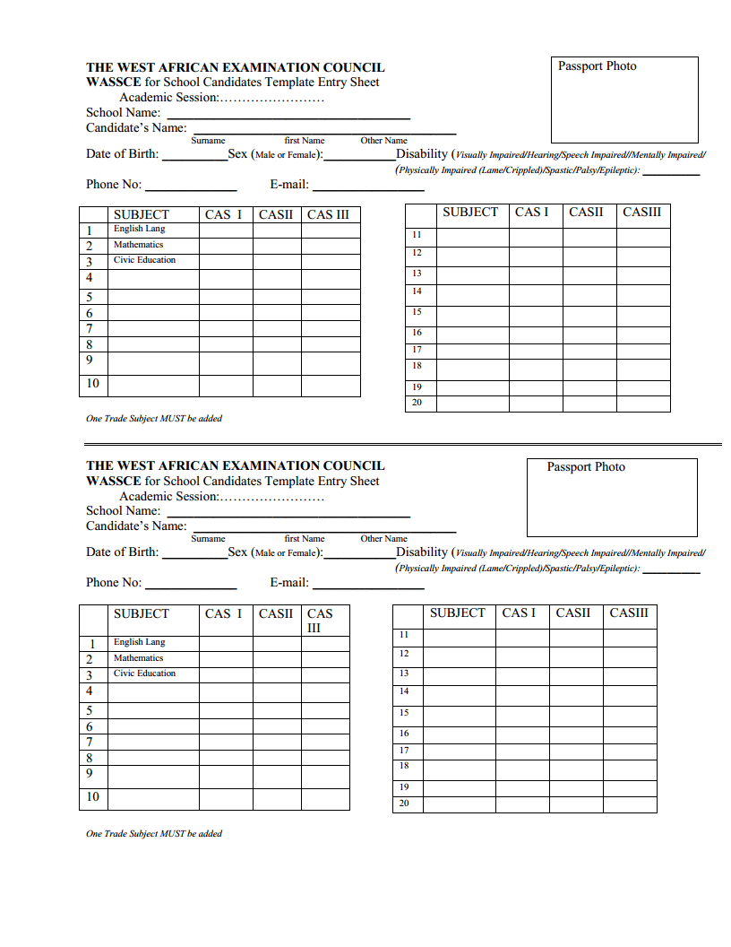 WAEC Cass Form Registration Template for SS1 Free PDF Download - St ...