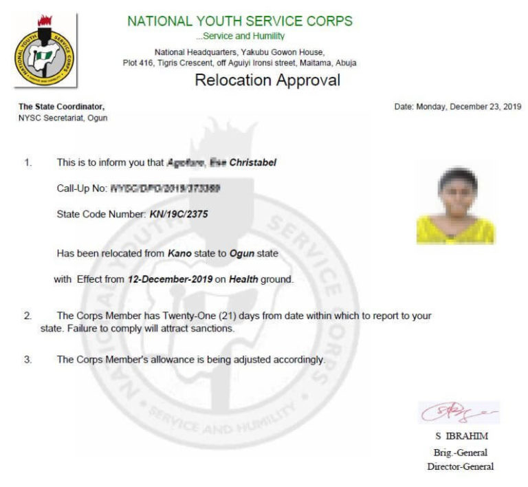 nysc relocation application letter sample