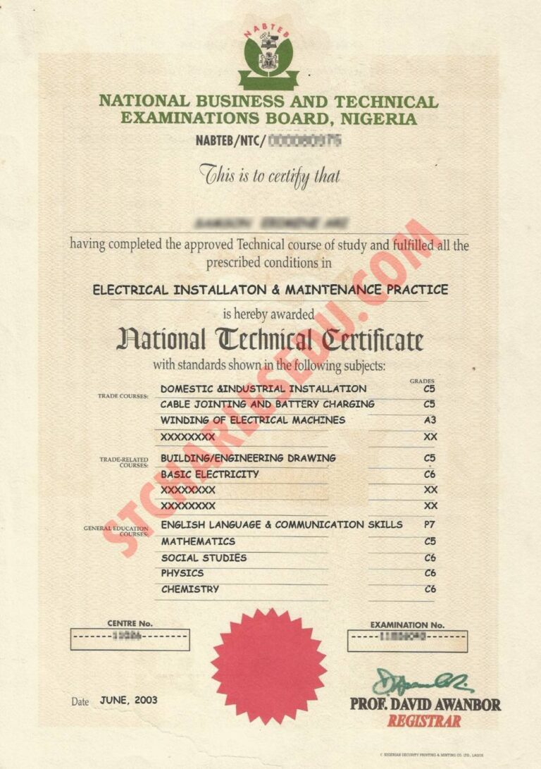 Original NABTEB Certificate Sample for NTC St Charles Edu Services
