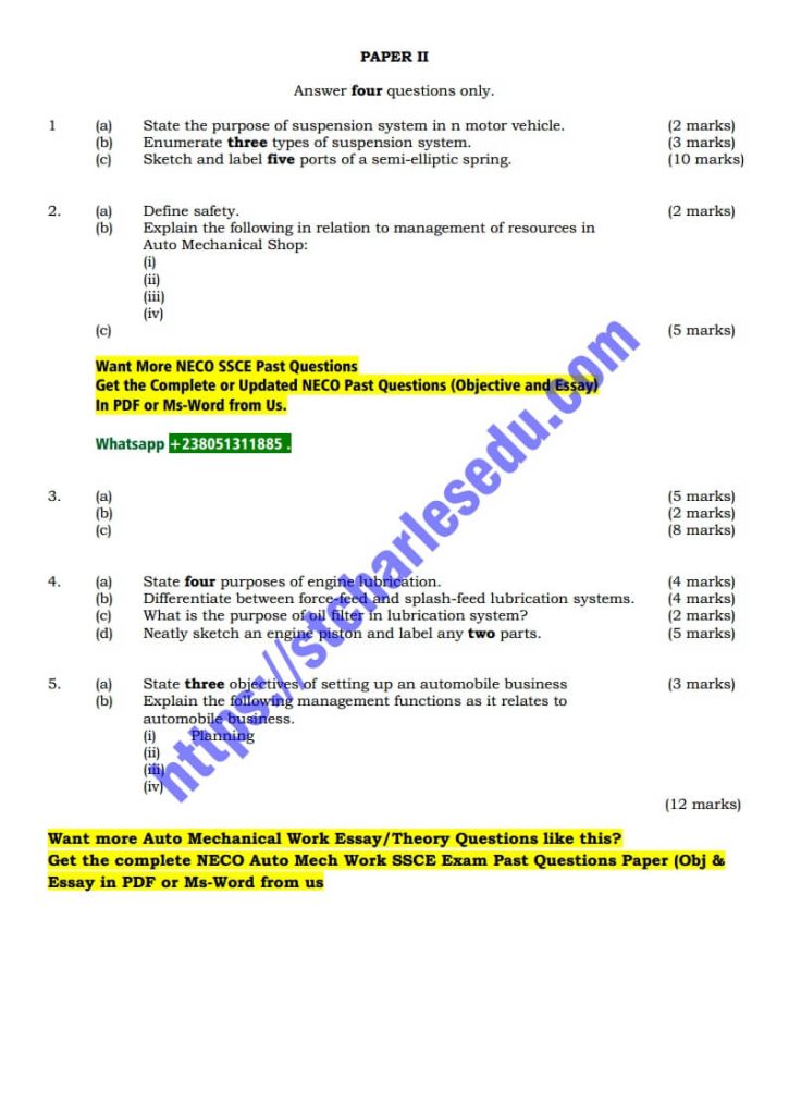 NECO Auto Mechanical Work AMW Past Questions and Answer PDF in 2023