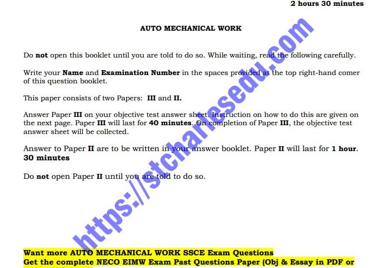 NECO Auto Mechanical Work Past Questions