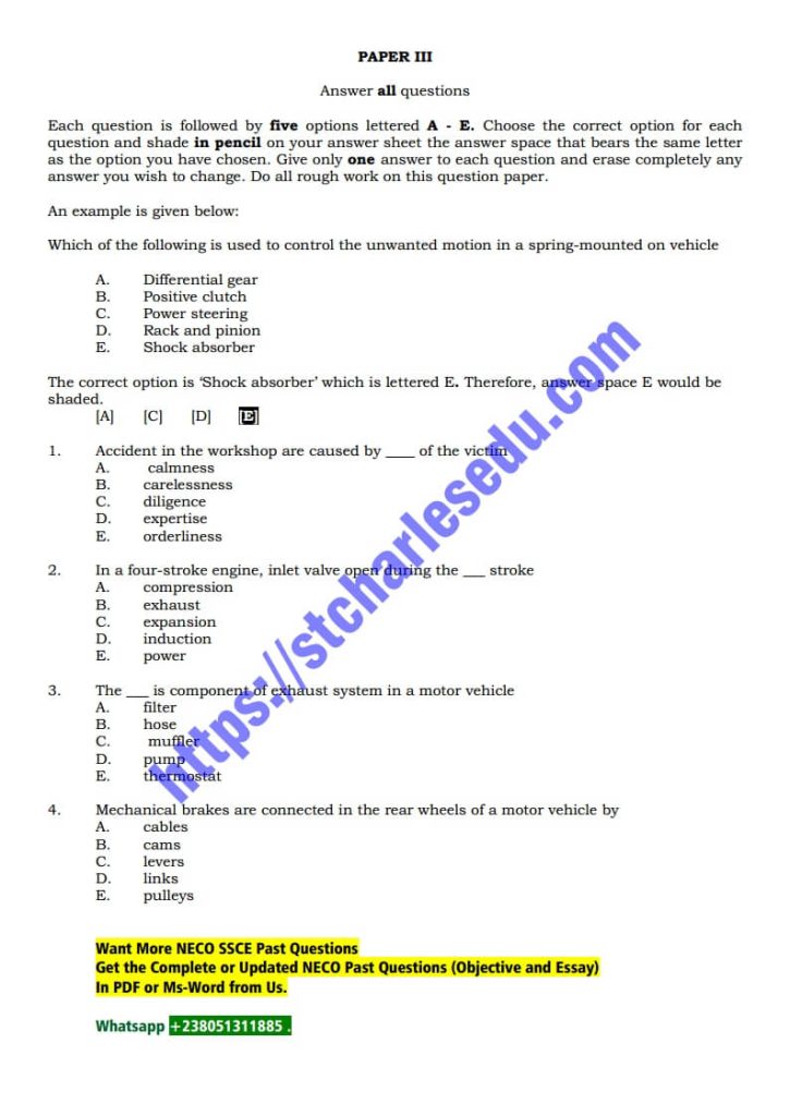 NECO Auto Mechanics Work Objective Questions