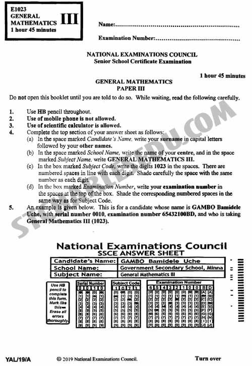 NECO Mathematics Objective Theory Past Questions