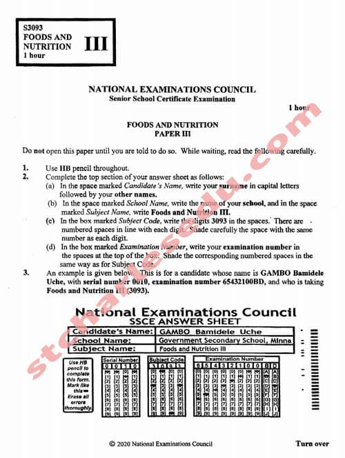 National Examination Council NECO Food and Nutrition Past Questions