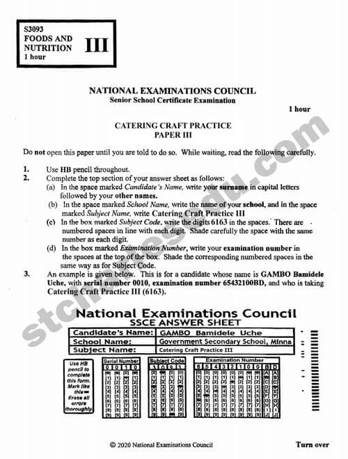 National Examination Council NECO Catering Craft Practice Past Questions