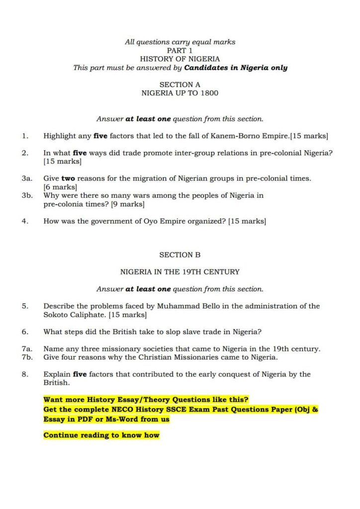 History Past Questions for SSCE Senior Secondary School