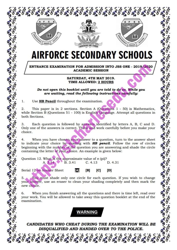 Nigerian Airforce Secondary School Past Questions