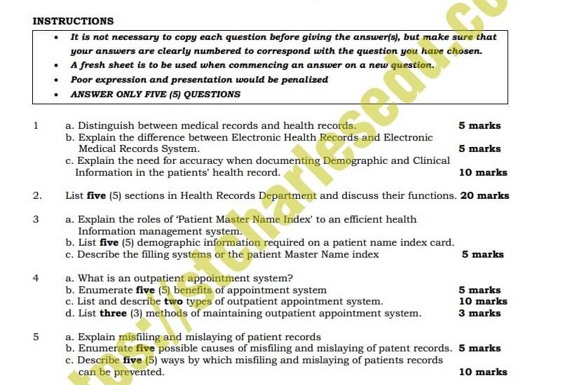 HRORBN Past Questions for Health Information Management