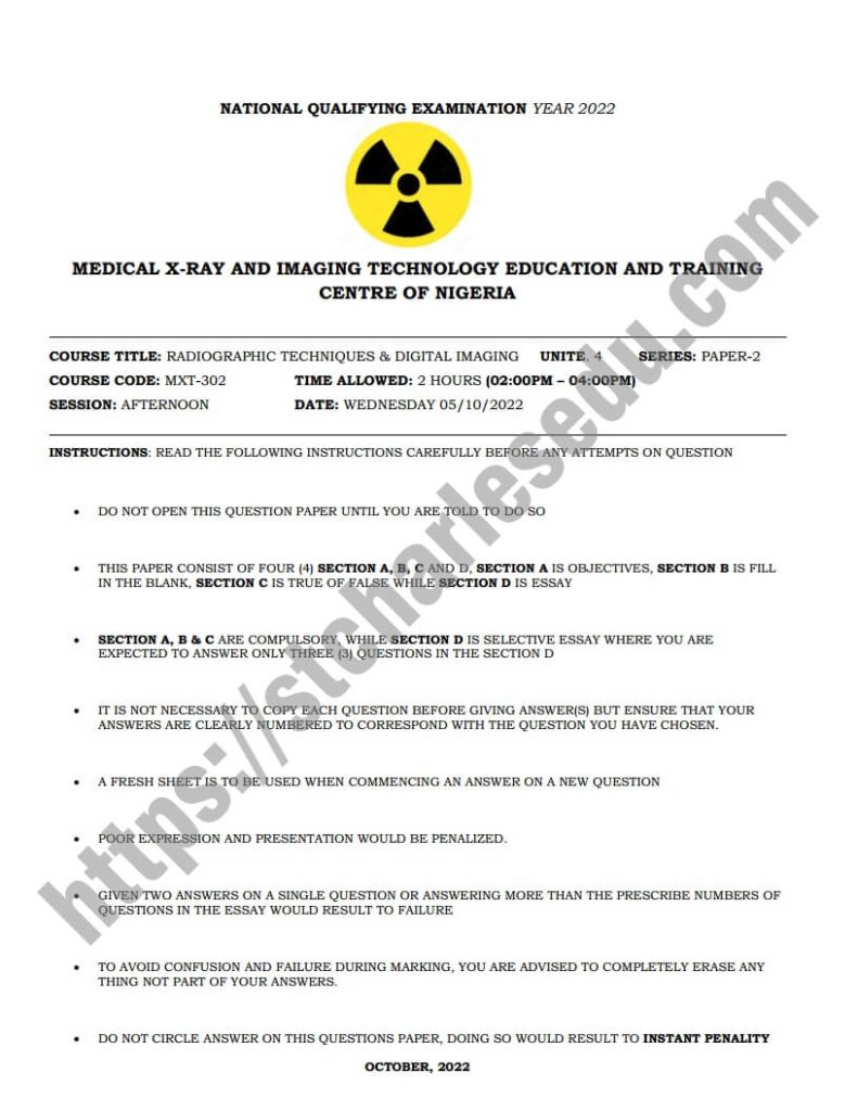 Medical XRay Technician and Imaging Technology Past Questions