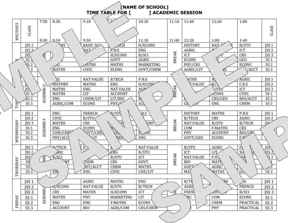 class time table for primary secondary schools in nigeria