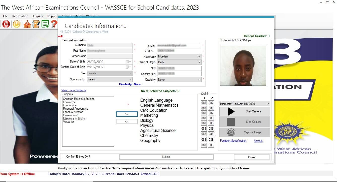 waec 2023 offline registration dashboard