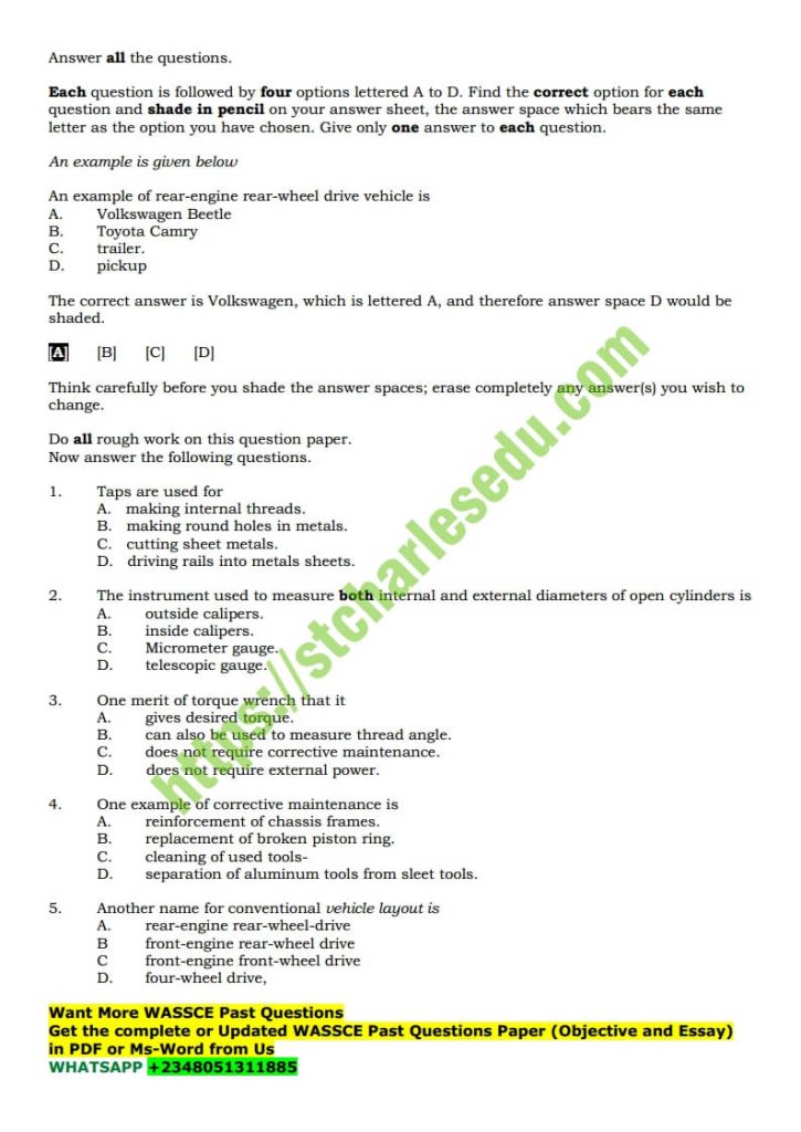 Objective-Questions-on-Auto-Mechanical-Work-WASSCE